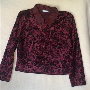 Aqua Blues Y2K Crushed Velvet Top Vintage Maroon Size Medium Button Down Collar